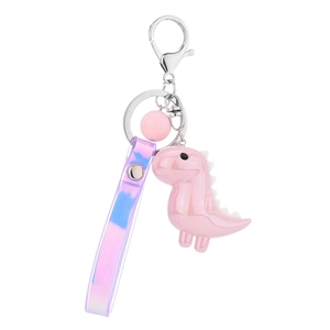 Pink dinosaur keychain with laser gradient strap and frosted bead accessory for bags