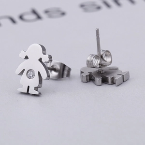 Minimalist silver girl shaped stud earrings with sparkling white cubic zirconia stone