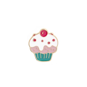 Detail of creative cupcake enamel pin with white cream and green striped paper cup