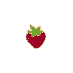 Detailed view of a red strawberry enamel pin with gold trim and green leaf accents