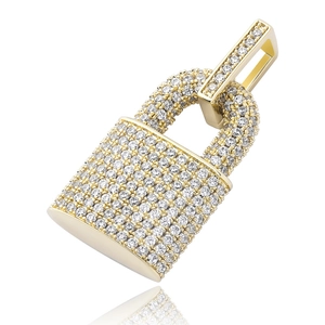 Hip hop gold lock pendant necklace with full cubic zirconia stones on white background