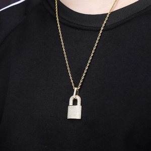 Hip hop gold lock pendant necklace with full cubic zirconia and twisted rope chain for men