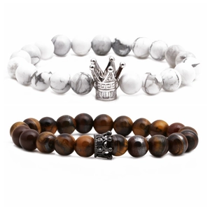 Tiger eye and white turquoise beaded bracelets with silver and black crown charms