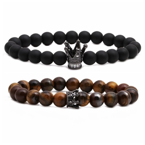 Tiger eye and matte black stone beaded crown bracelet set for couples on white background