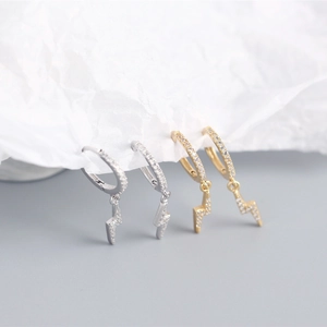 S925 sterling silver lightning bolt hoop earrings with cubic zirconia pave in gold and silver
