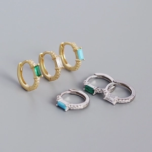 Detailed close-up of s925 silver rectangular zircon hoop earrings in various colors