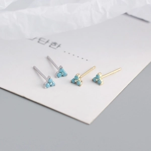 Minimalist S925 sterling silver clover stud earrings with tiny blue stones and zircon