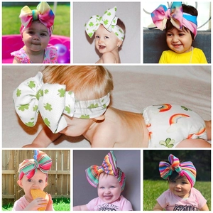 Collage of soft fabric baby headbands featuring large vibrant bows in various colorful prints