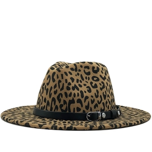 Classic leopard print fedora hat with a black leather band and silver buckle detail