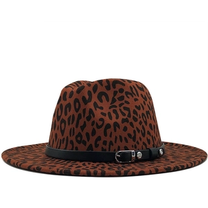 Classic leopard print fedora wool hat with black faux leather buckle band for women