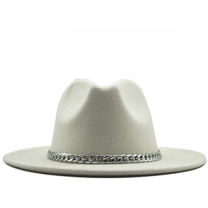 Classic light grey wool fedora hat with wide brim and stylish silver chain band detail