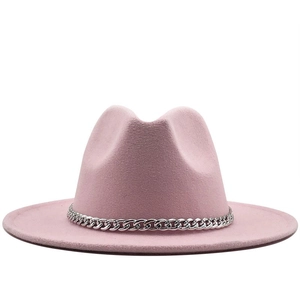 Elegant light pink fedora hat with wide brim and silver metal chain band for women