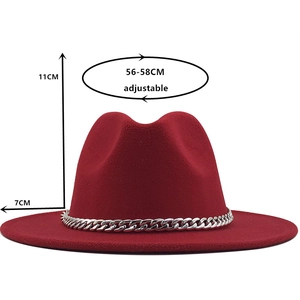 Classic burgundy fedora wool hat with silver chain, 7cm brim, 11cm height, 56-58cm adjustable size