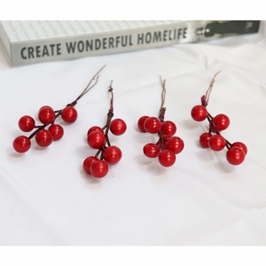 Set of 4 artificial red berries stems on white fabric for Christmas DIY home floral decor