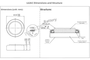 Technical diagram showing 6.8mm diameter and structure of L626C button cell battery