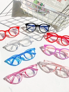 Detail view of round children's glasses in eight colors with anti-blue light filter