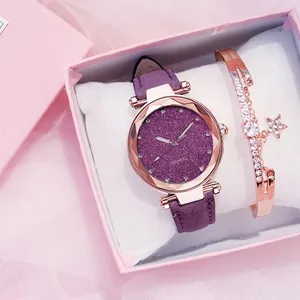 Women's purple glitter quartz watch and rose gold star bracelet gift set with pink mesh