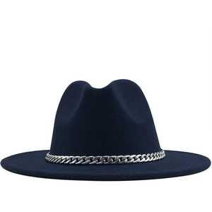Classic dark blue wool fedora hat with wide brim and decorative silver chain detail