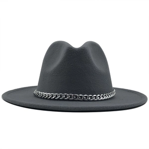 Detailed close-up of dark grey wool fedora hat with wide brim and silver metal chain