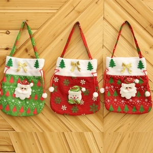 Christmas Gift Bags Fabric Drawstring Handbags With Santa Snowman Pattern Golden Bow Trim For Holiday Candy Apple Treats Party Favor Decorations