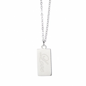 Minimalist 18K silver metal necklace with rectangular Love pendant on white background