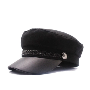 Retro Newsboy Cap Woolen Felt Baker Boy Hat With PU Leather Visor Braided Rope Metal Button Vintage Style Military Hat