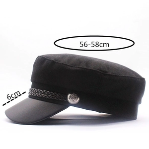 Classic black wool newsboy cap with crown button detail and 56-58cm head circumference
