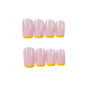Minimalist French nude press-on nails with bright yellow tips and glossy finish