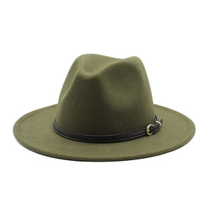 Olive green wool felt fedora hat with black leather belt buckle for women and men