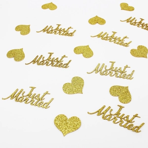 Golden Just Married wedding confetti sequins and heart shapes for party table decorations