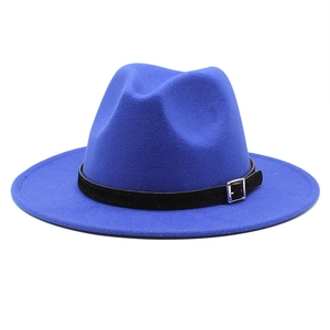 Detailed close-up of blue felt fedora hat featuring black leather band and metal buckle