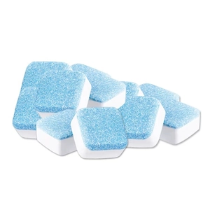 Macro view of blue and white multi-layer cleaning tablets with a compressed powder texture
