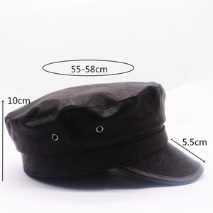 Classic black PU leather sailor hat for women featuring flat top and 55-58cm head size