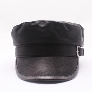 Black leather flat-top newsboy cap with vintage belt buckle and classic visor for women