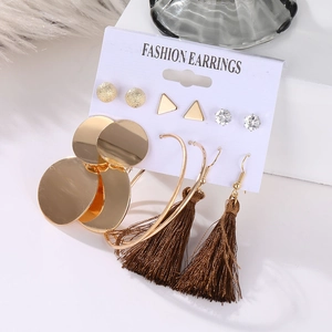 6-pair set of gold geometric metal and tassel earrings displayed on a jewelry card