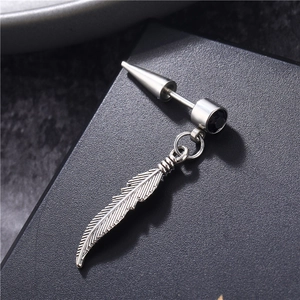Silver chain earring with wing pendant and black rhinestone in punk rock style