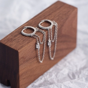 Detail of silver S925 sterling silver chain tassel earring with sparkling zircon pendant