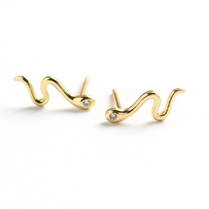 Elegant gold S925 sterling silver snake stud earrings with crystal cubic zirconia stones
