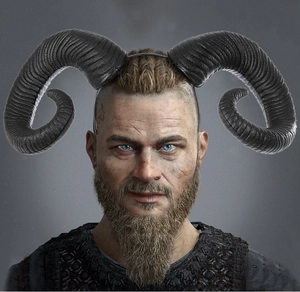 Detailed view of realistic textured black ram horns headband for Halloween cosplay