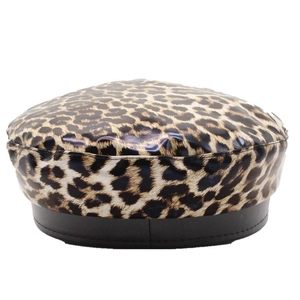 Close-up of leopard print beret with premium PU leather trim and fine stitching detail