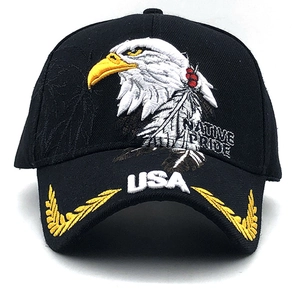 Black camouflage baseball cap featuring eagle embroidery and NATIVE PRIDE USA text design