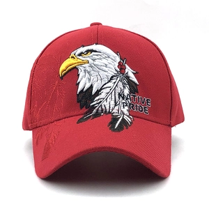 Detailed view of native pride eagle head embroidery on red cotton baseball cap