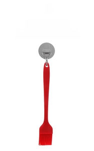 Silicone oil brush hanging on a metal hook featuring space-saving storage design