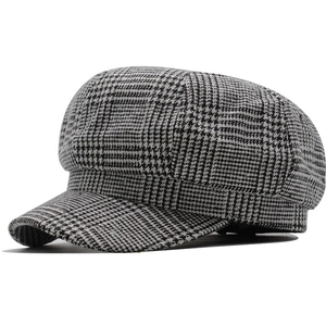 Vintage Houndstooth Newsboy Cap Women Cotton Blend Plaid Retro Octagonal Beret Painter Hat Autumn Winter