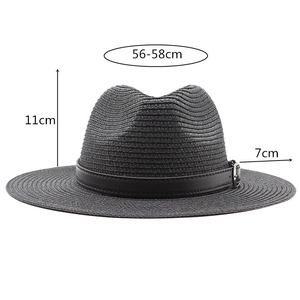 Detail of black straw fedora showing 7cm brim, 11cm crown height, and 56-58cm head size