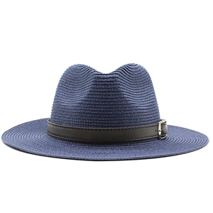 Dark blue Panama straw hat with black leather strap and buckle for summer sun protection