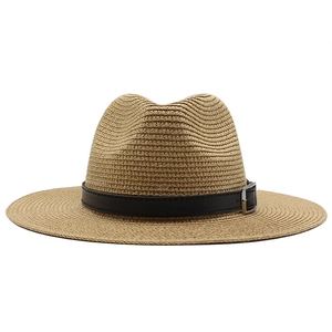 Classic straw Panama hat for men and women featuring a black leather band and metal buckle