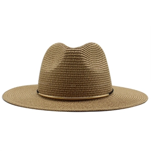 Damen Strohhut Fedora Breitkrempig Sonnenschutz Panama Stil Strand Reise Atmungsaktiv Papierstroh Gold Metall Dekor
