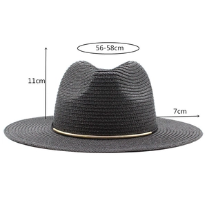 Black Panama straw sun hat with wide brim and gold metal band for women's summer style