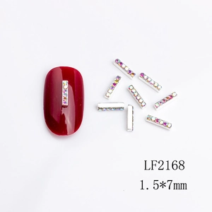 Golden long bar nail charms with colorful rhinestones for 3D manicure art decoration